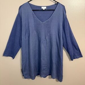 J Jill Love Linen Indigo Blue V-Neck Tunic 3/4 Sleeves Pintuck Pleats Women’s XL